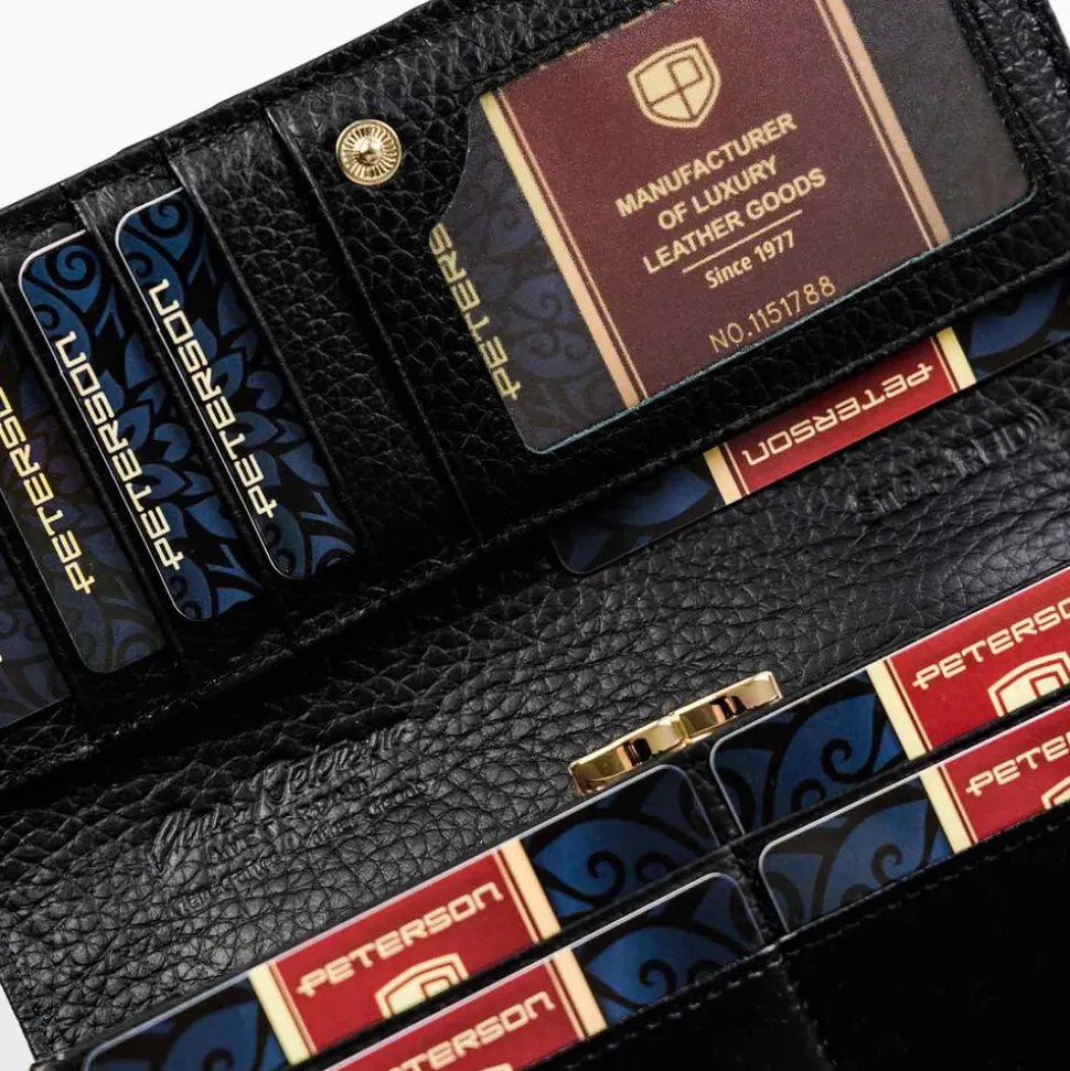 Portfel damski skórzany, czarny, wężowy motyw, Peterson, 9,5 x 18,5 x 3 cm, na zatrzask