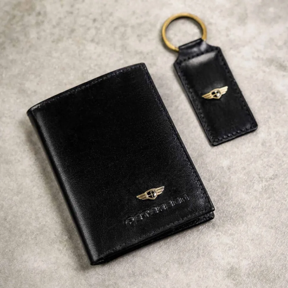 Portfel, etui na karty i brelok zestaw z czarnej skóry naturalnej Peterson