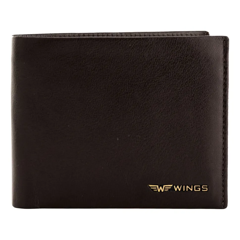 Portfel męski ze skóry bydlęcej Wings, 11 x 13 x 2 cm, RFID, z kieszenią na monety, brązowy