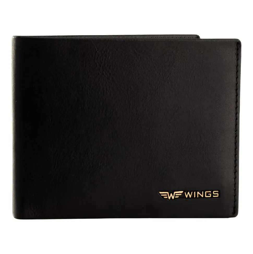 Portfel męski ze skóry bydlęcej Wings, 11 x 13 x 2 cm, RFID, z kieszenią na monety, czarny