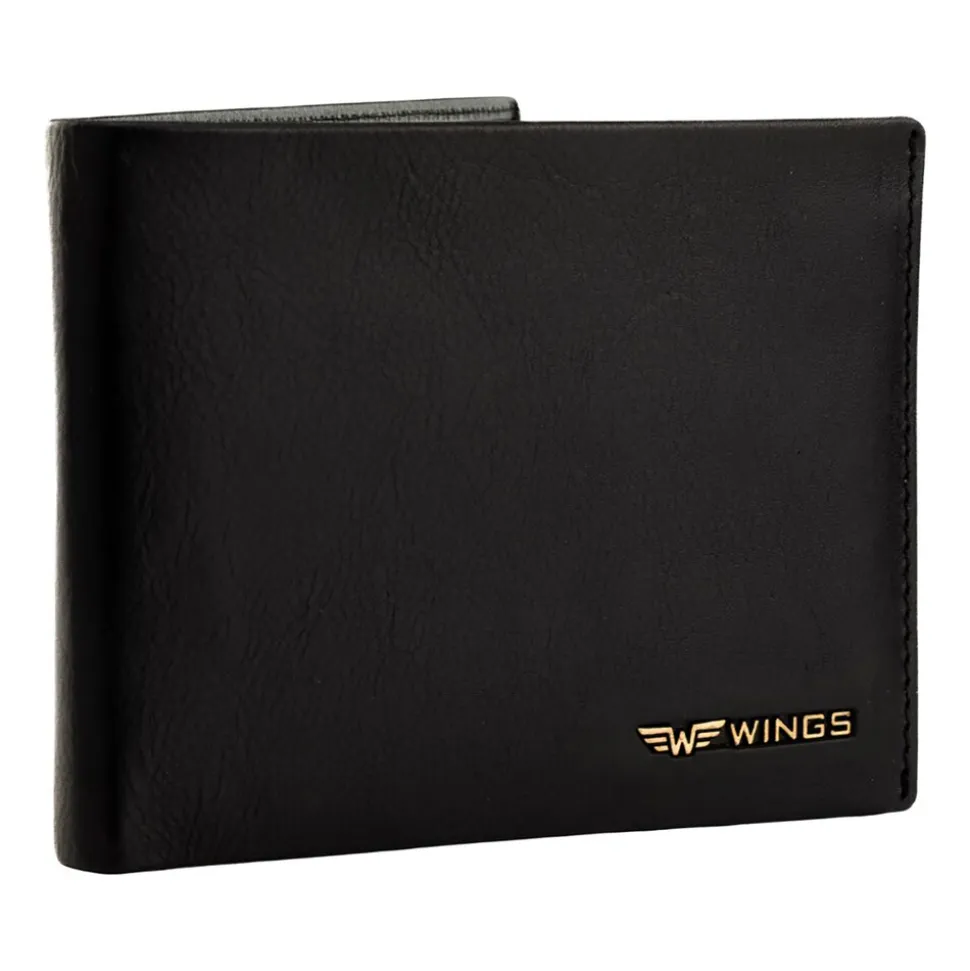 Portfel męski ze skóry bydlęcej Wings, 11 x 13 x 2 cm, RFID, z kieszenią na monety, czarny