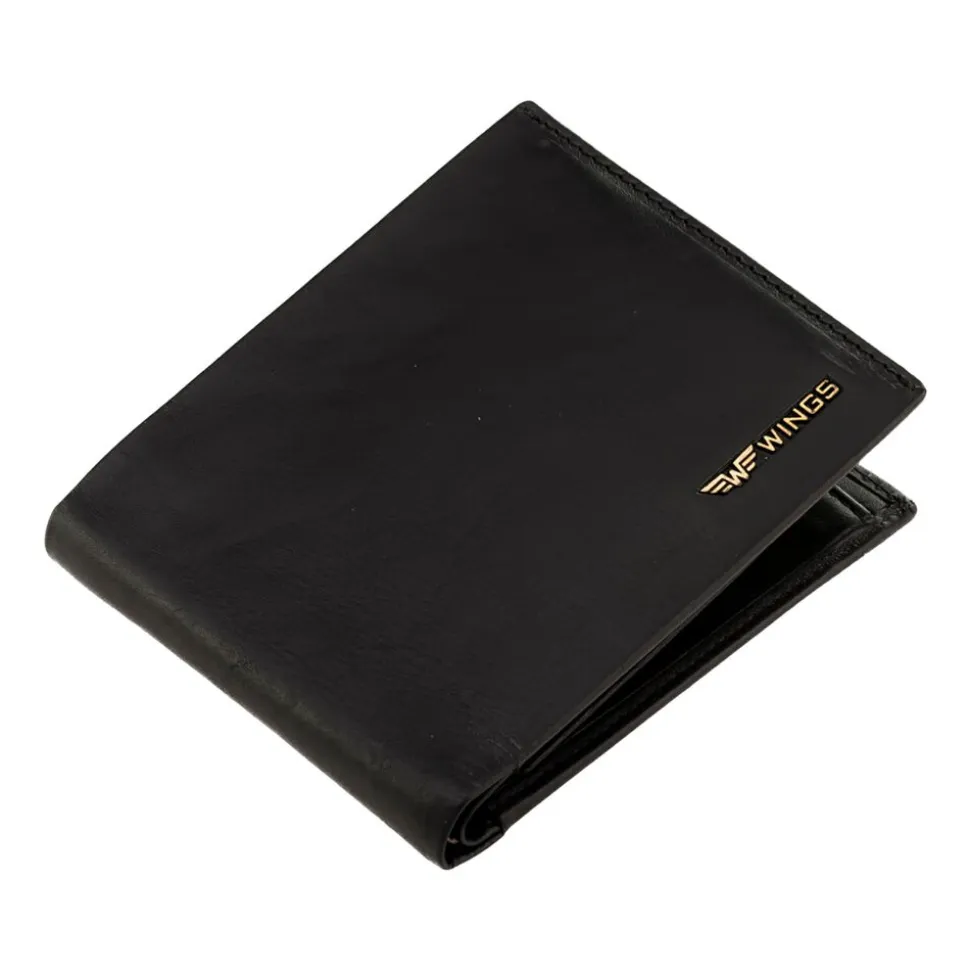 Portfel męski ze skóry bydlęcej Wings, 11 x 13 x 2 cm, RFID, z kieszenią na monety, czarny