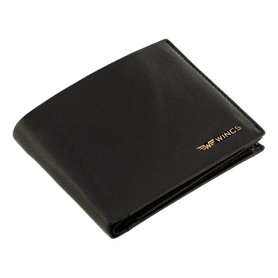 Portfel męski ze skóry koziej Wings, 11 x 13 x 2 cm, RFID, z kieszenią na monety, czarny