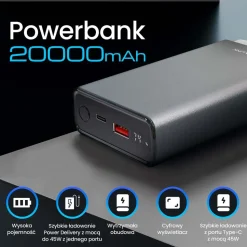 Powerbank Extralink EPB-126, 20000 mAh, 45 W, srebrny
