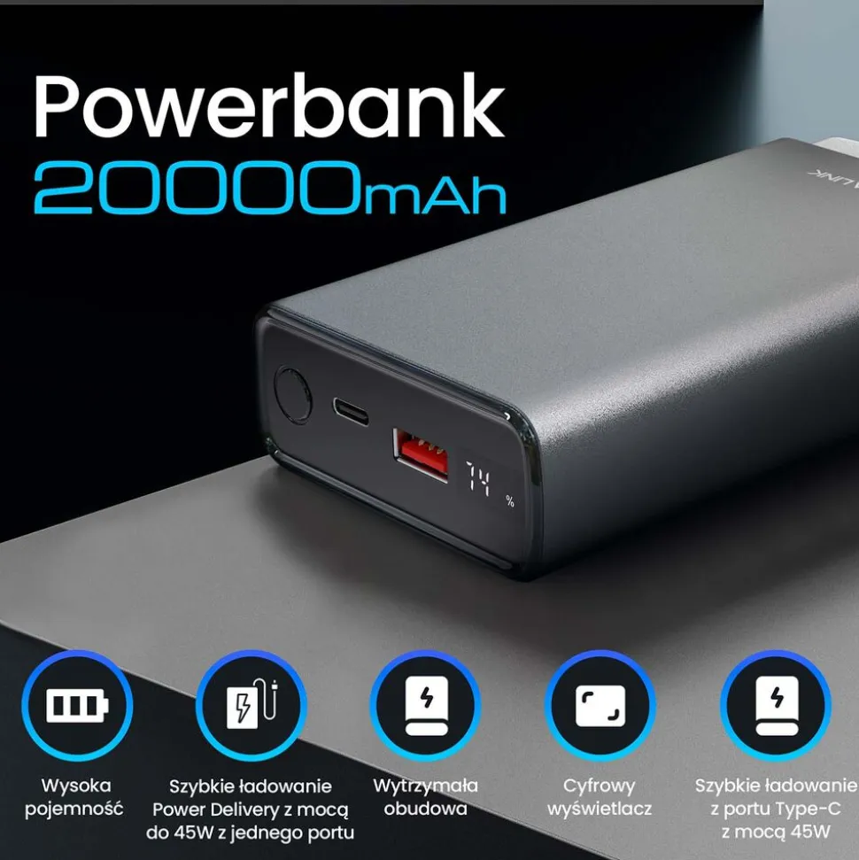 Powerbank Extralink EPB-126, 20000 mAh, 45 W, srebrny