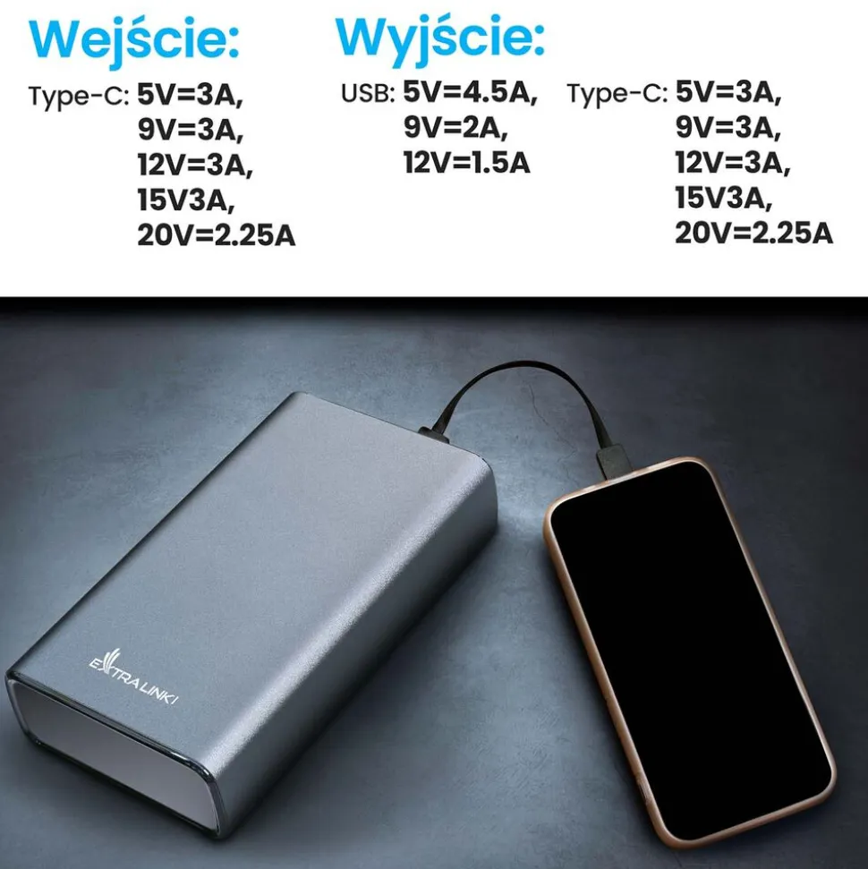 Powerbank Extralink EPB-126, 20000 mAh, 45 W, srebrny