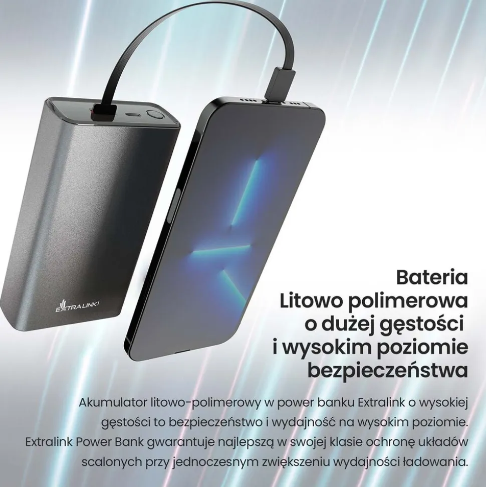 Powerbank Extralink EPB-126, 20000 mAh, 45 W, srebrny