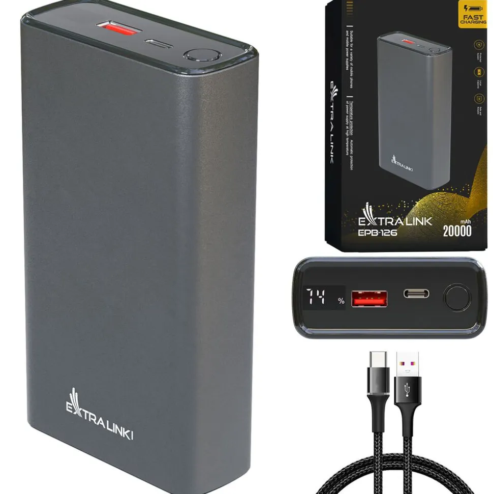 Powerbank Extralink EPB-126, 20000 mAh, 45 W, srebrny