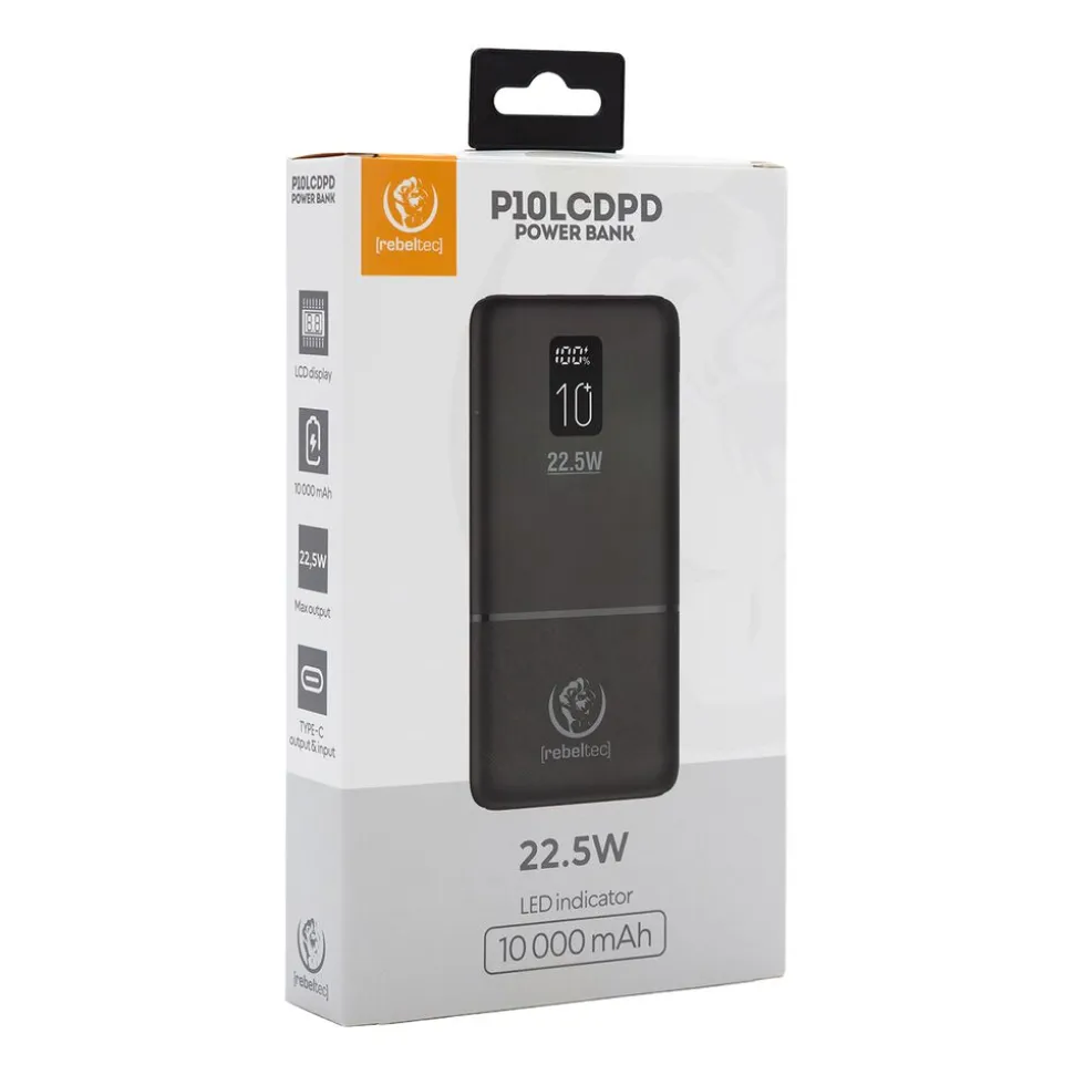 Powerbank Rebeltec P10 LCDPD, 10000 mAh, 22,5 W, czarny