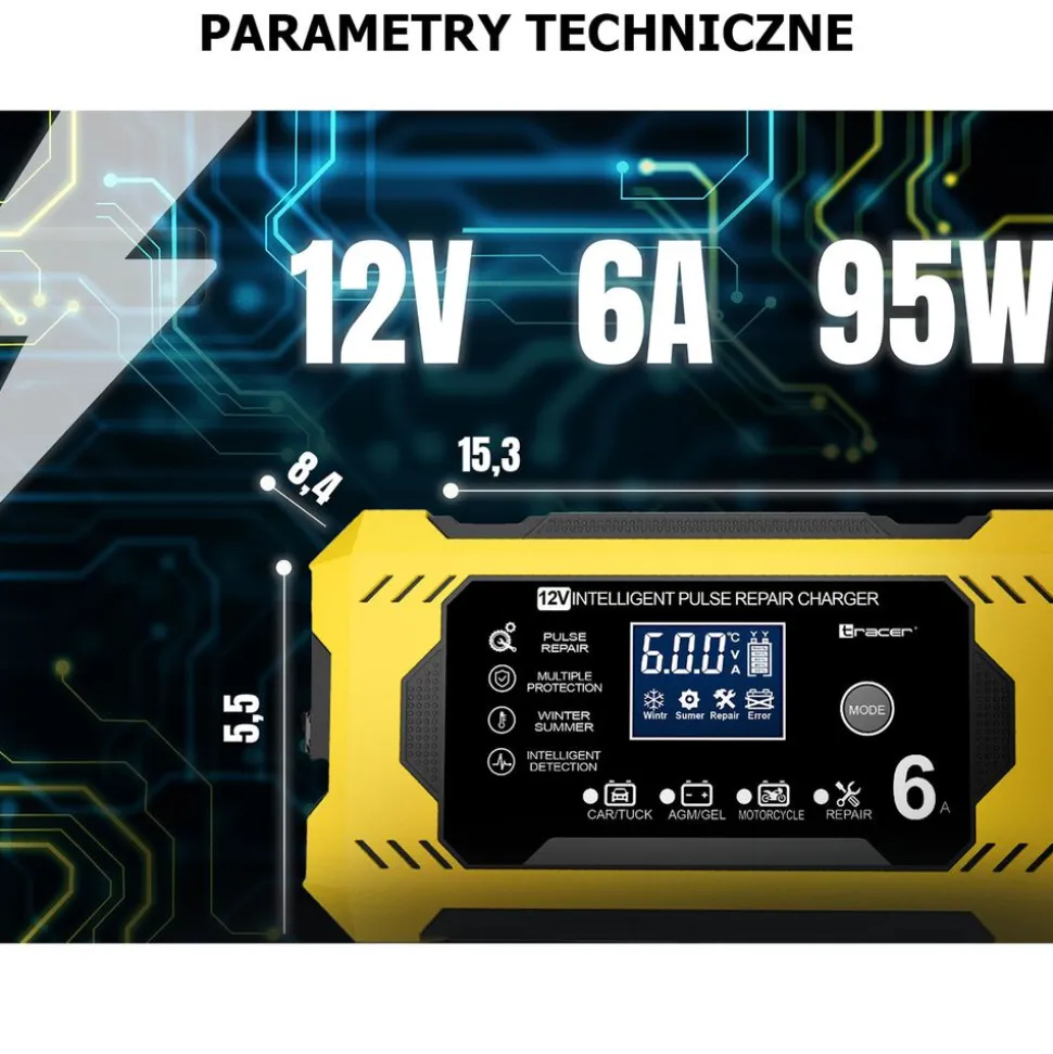 Prostownik automatyczny 12V/6A Tracer DT126, z funkcją diagnozy i regeneracji