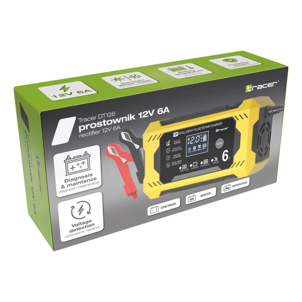 Prostownik automatyczny 12V/6A Tracer DT126, z funkcją diagnozy i regeneracji