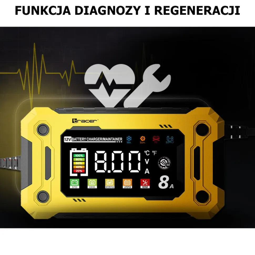 Prostownik automatyczny 12V/8A Tracer DT128, z funkcją diagnozy i regeneracji