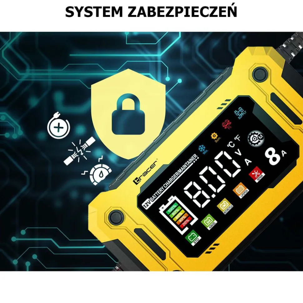 Prostownik automatyczny 12V/8A Tracer DT128, z funkcją diagnozy i regeneracji
