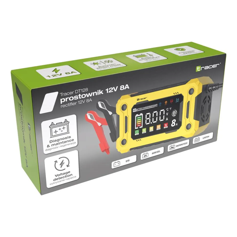 Prostownik automatyczny 12V/8A Tracer DT128, z funkcją diagnozy i regeneracji