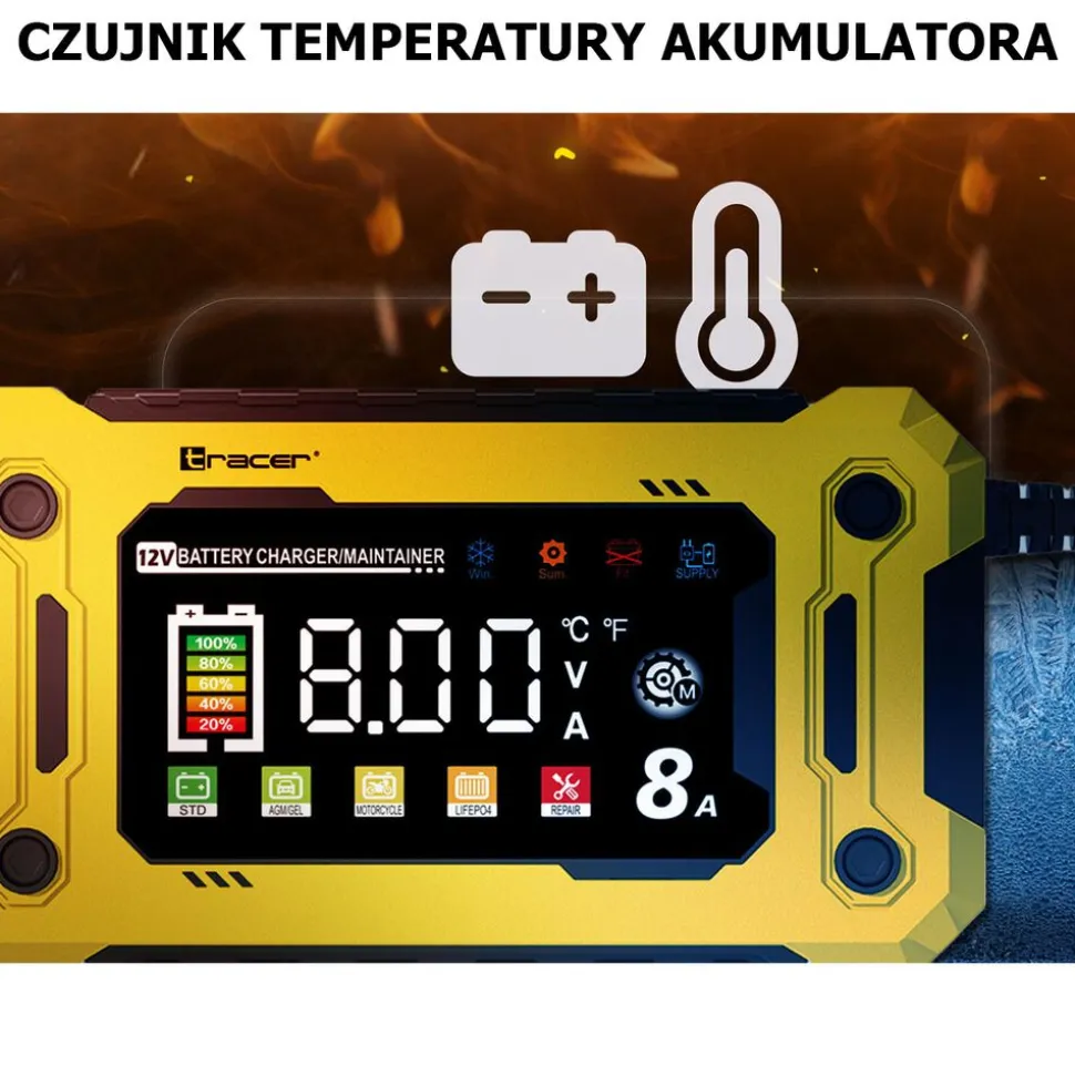 Prostownik automatyczny 12V/8A Tracer DT128, z funkcją diagnozy i regeneracji