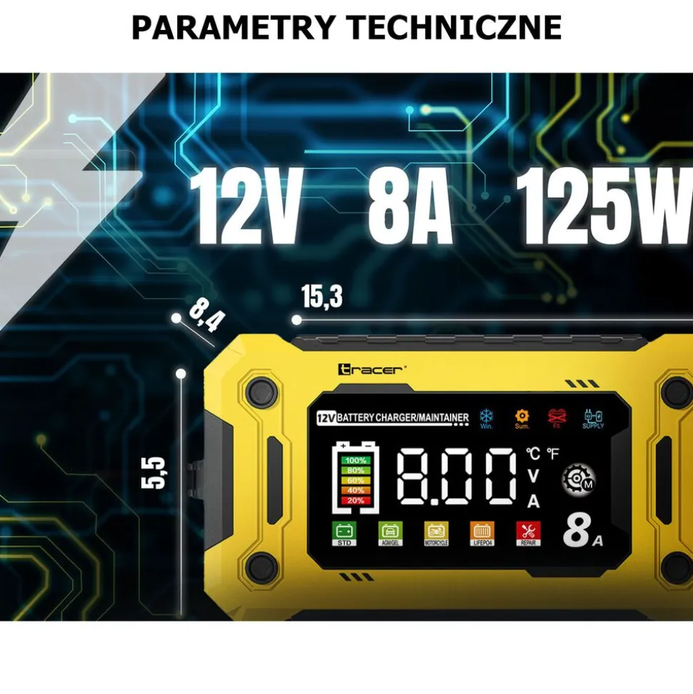 Prostownik automatyczny 12V/8A Tracer DT128, z funkcją diagnozy i regeneracji