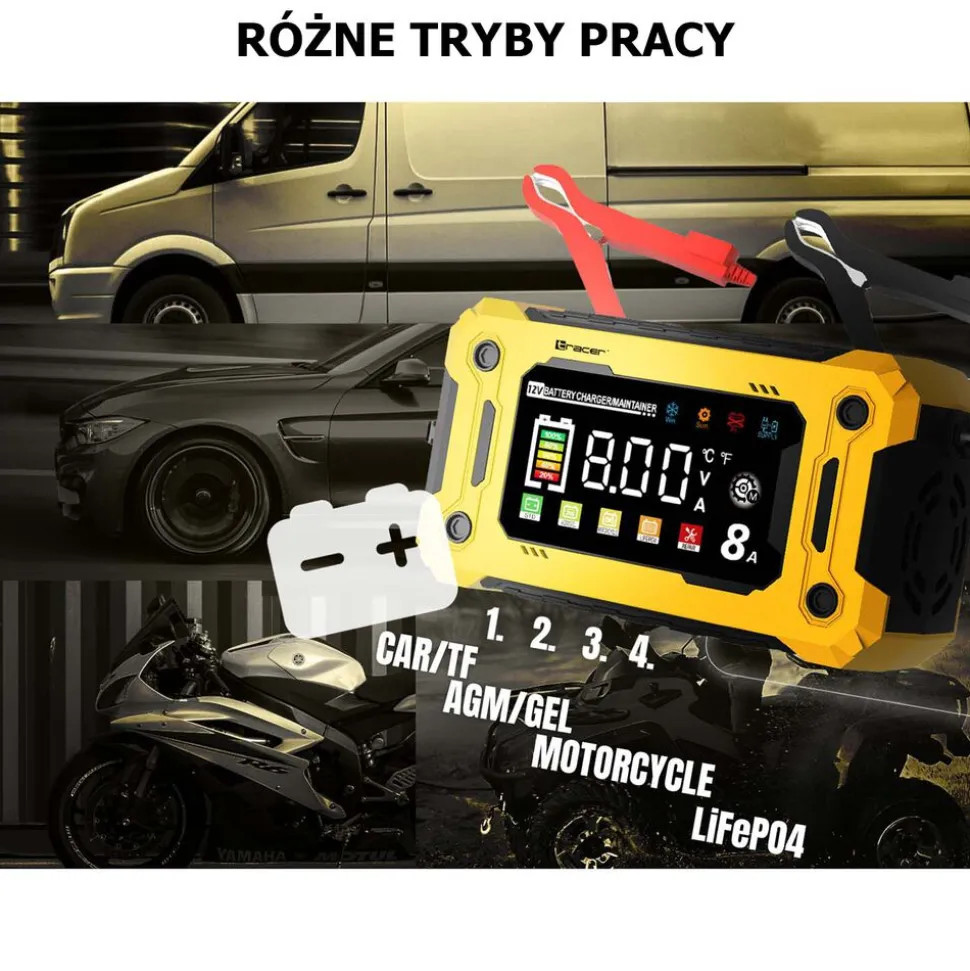 Prostownik automatyczny 12V/8A Tracer DT128, z funkcją diagnozy i regeneracji