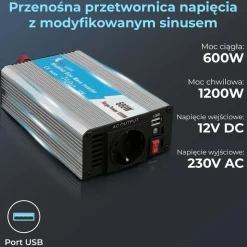 Przetwornica Extralink OPIM-600W, 600 W, modyfikowany sinus, moc szczytowa 1200 W