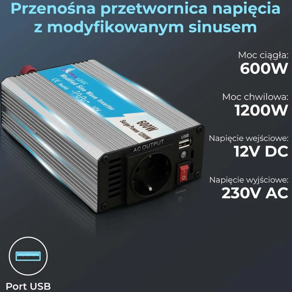 Przetwornica Extralink OPIM-600W, 600 W, modyfikowany sinus, moc szczytowa 1200 W