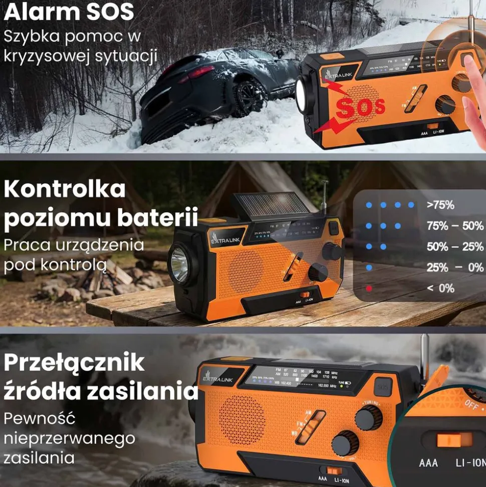 Radio na korbkę Extralink Power Ranger SR-4000, z powerbankiem i latarką