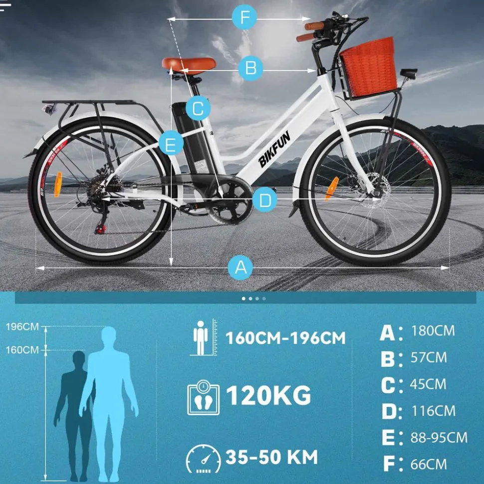 Rower elektryczny damski Bikfun AMAK00052, koła 26'', biały