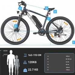Rower elektryczny MTB Ancheer, 27,5”, czarny z białymi elementami