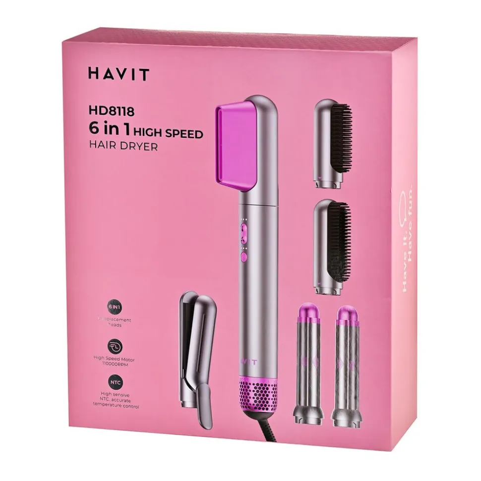 Suszarka do włosow Havit HD8118, 1200 W, 6 końcówek, różowo-szara