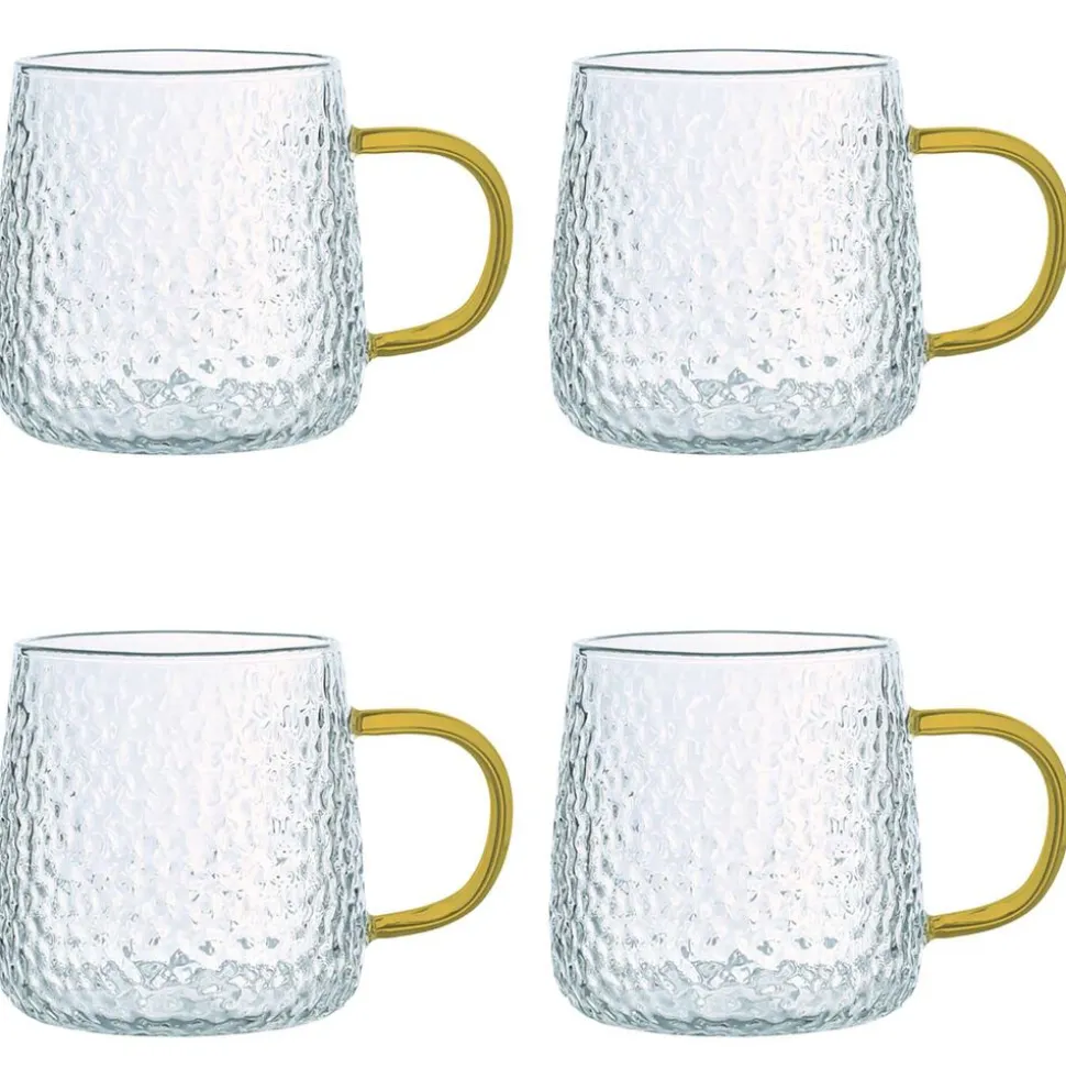 Szklanki żłobione MG Home Deco, 4 sztuki, 350 ml, z musztardowym uchem