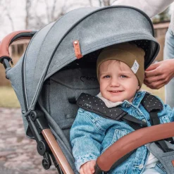 Wózek spacerowy MoMi Estelle Gold składany w walizkę, lekki, szaro-złoty
