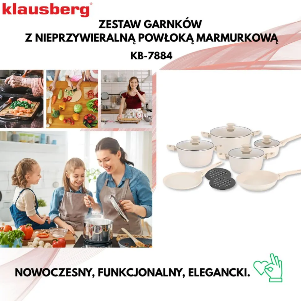 Zestaw garnków i patelni Klausberg, 12 elementów, aluminium z powłoką marmurkową, 2 podkładki