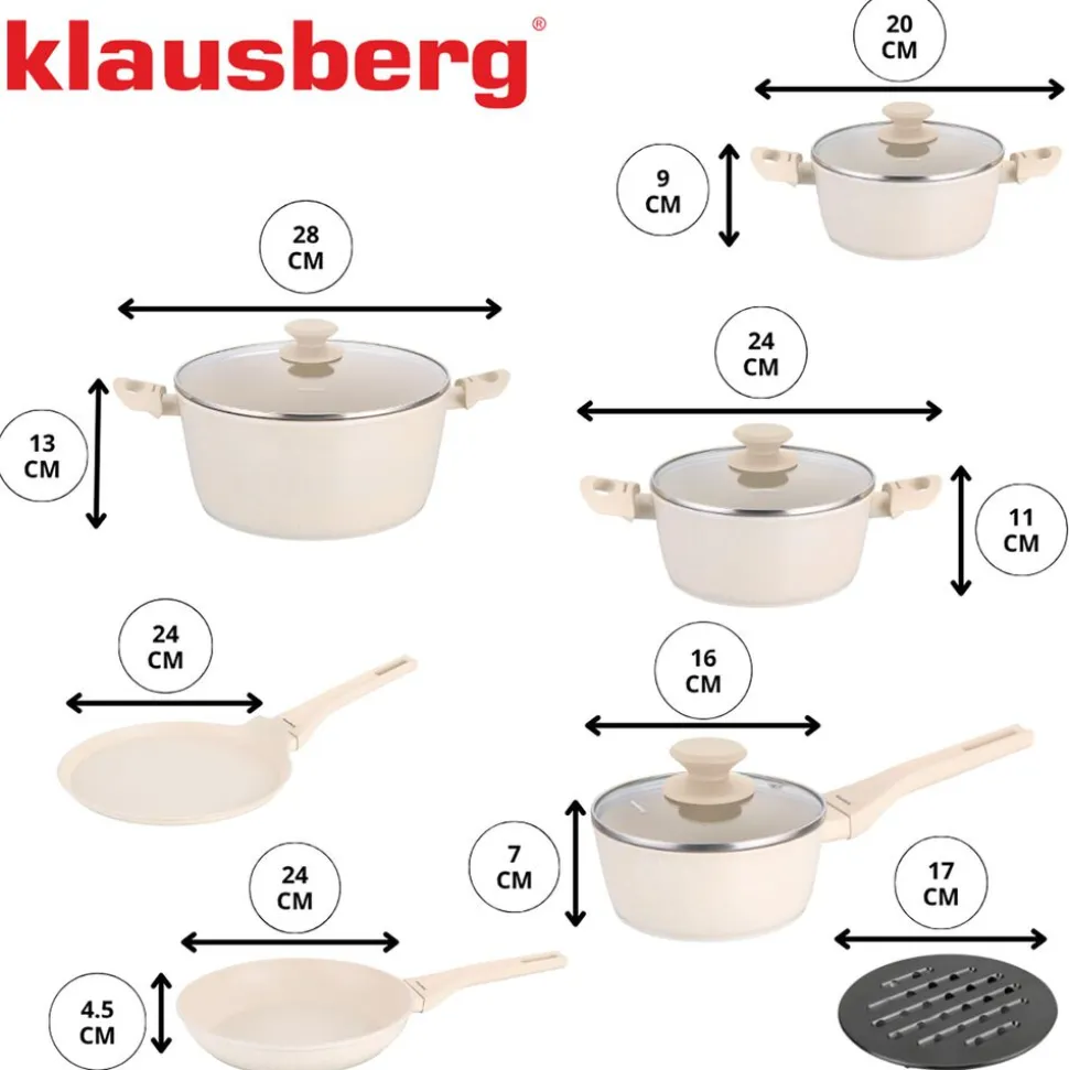 Zestaw garnków i patelni Klausberg, 12 elementów, aluminium z powłoką marmurkową, 2 podkładki