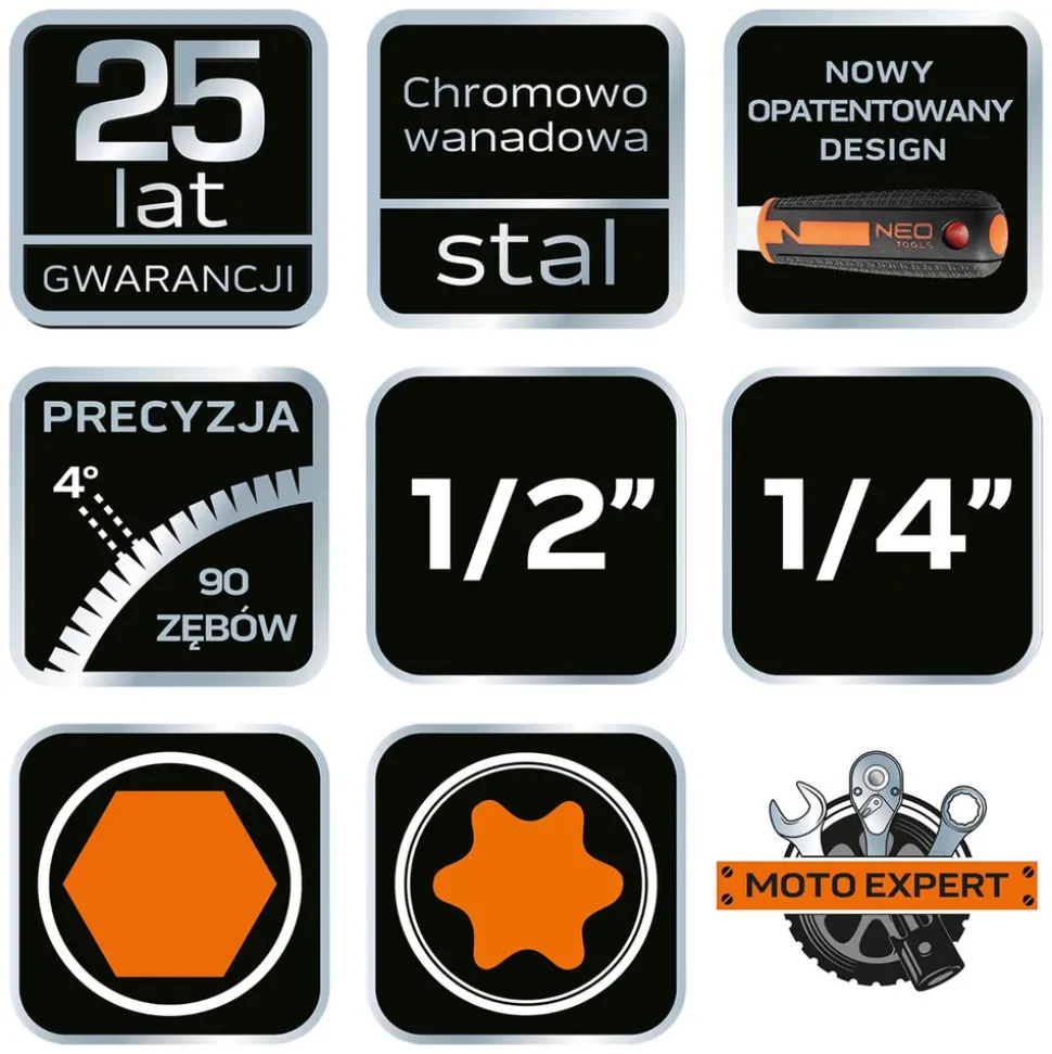 Zestaw kluczy nasadowych 1/2”, 1/4” Neo Tools, 110 szt., stal chromowo-wanadowa