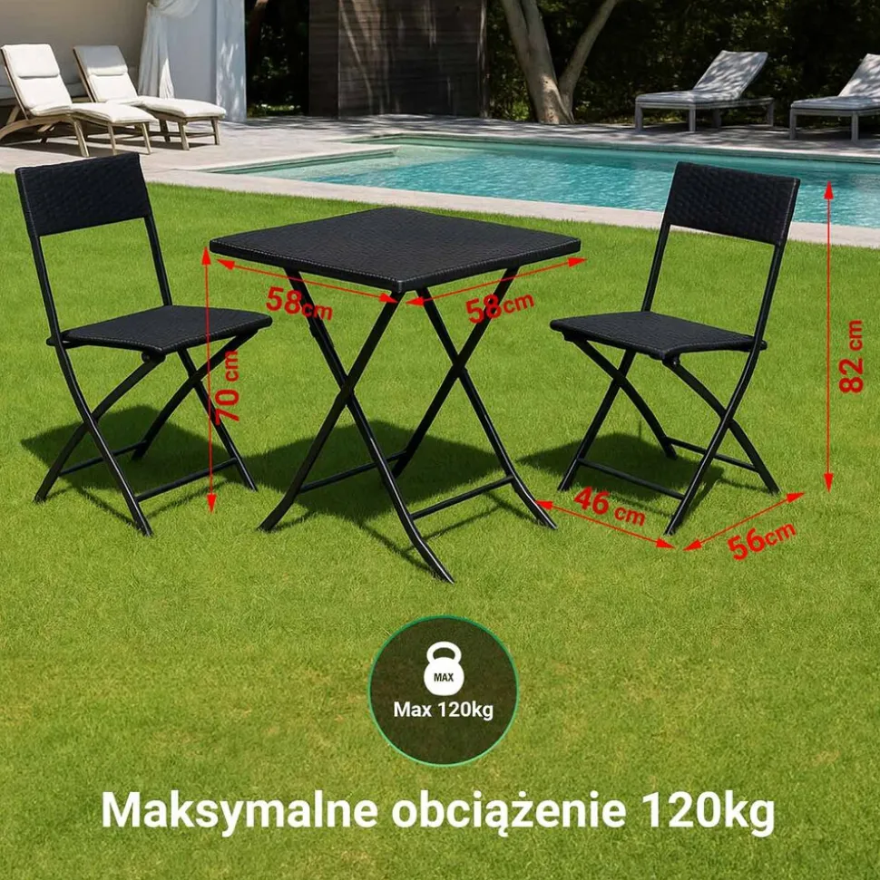Zestaw mebli balkonowych Black Forest, stolik, 2 krzesła, składane, czarny