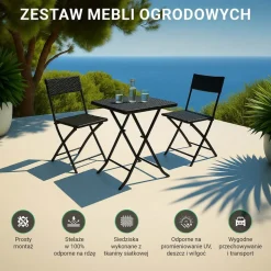 Zestaw mebli balkonowych Black Forest, stolik, 2 krzesła, składane, czarny