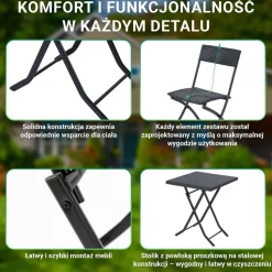 Zestaw mebli balkonowych Black Forest, stolik, 2 krzesła, składane, czarny