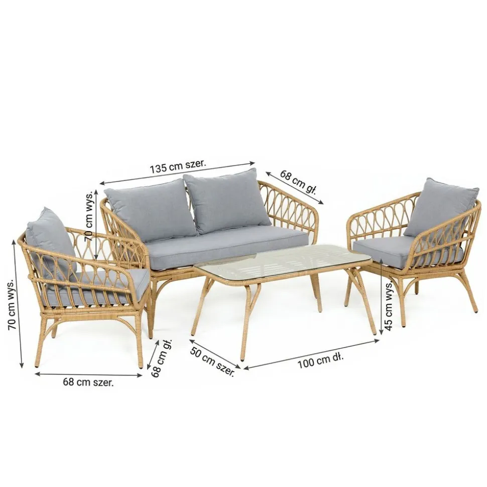 Zestaw mebli Meven Valey, technorattan, sofa, stolik, 2 fotele