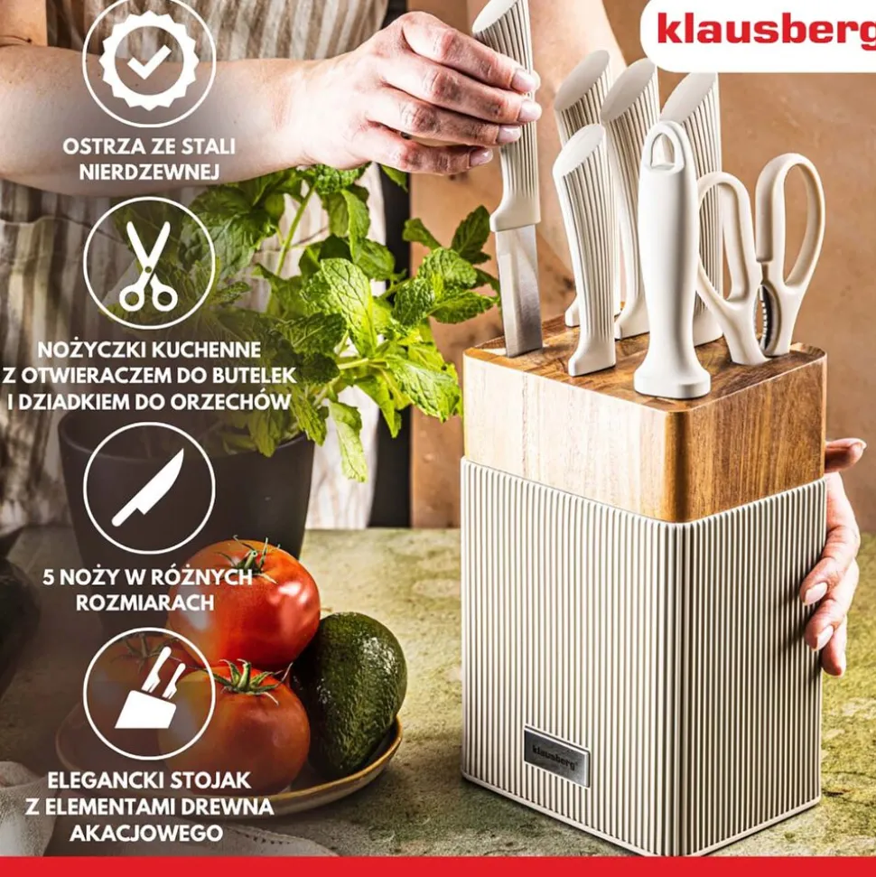 Zestaw noży w bloku Klausberg, 8 elementów, z nożyczkami, beżowy