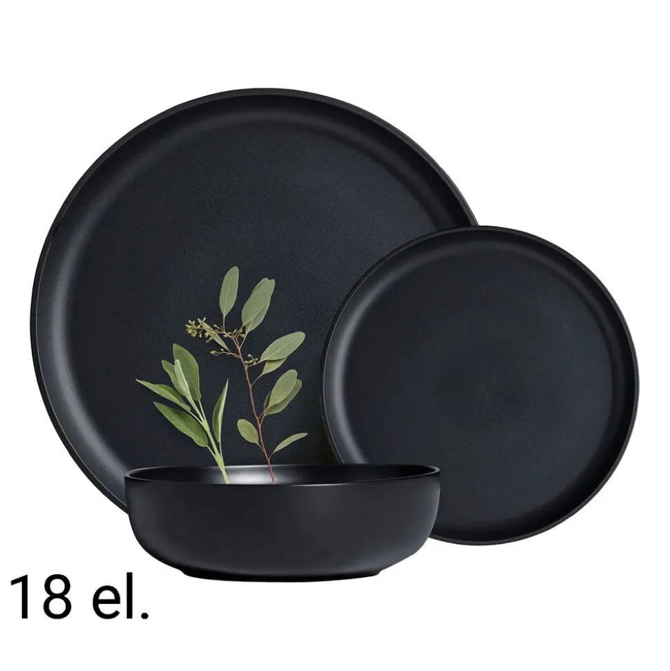 Zestaw obiadowy z kamionki na 6 osób MG Home Artena Black, 18 elementów, czarny