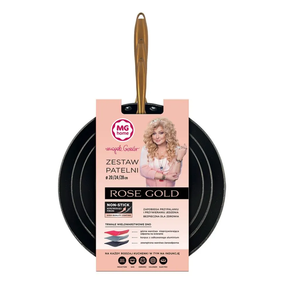 Zestaw patelni MG Home Rose Gold, 3 elementy, czarne
