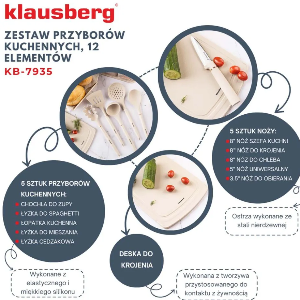 Zestaw przyborów kuchennych Klausberg, 12 elementów, z nożami i deską, beżowe