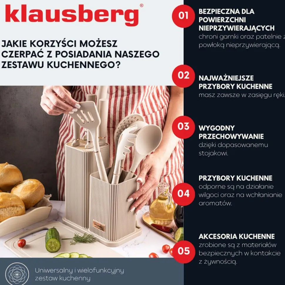 Zestaw przyborów kuchennych Klausberg, 12 elementów, z nożami i deską, beżowe