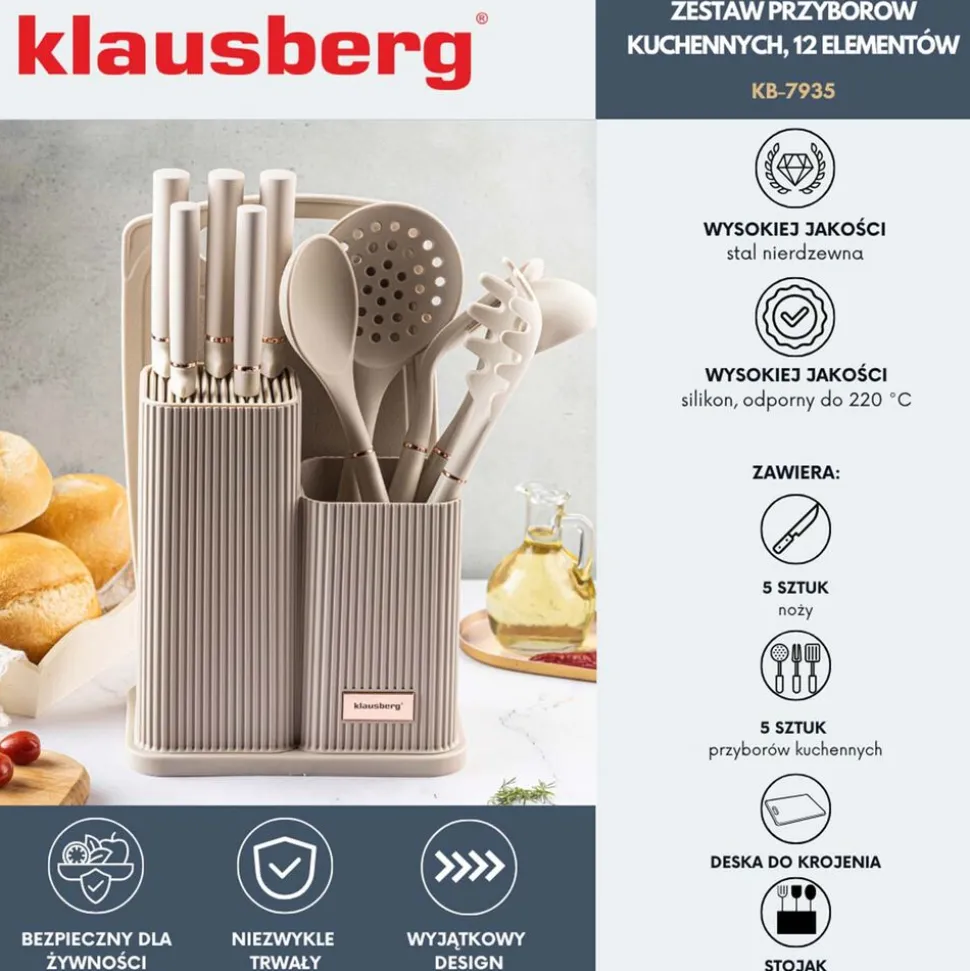 Zestaw przyborów kuchennych Klausberg, 12 elementów, z nożami i deską, beżowe