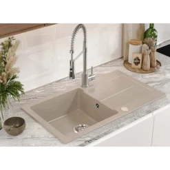 Zlewozmywak granitowy jednokomorowy z ociekaczem beżowy Root Chef Long, 770 x 440 x 175 mm