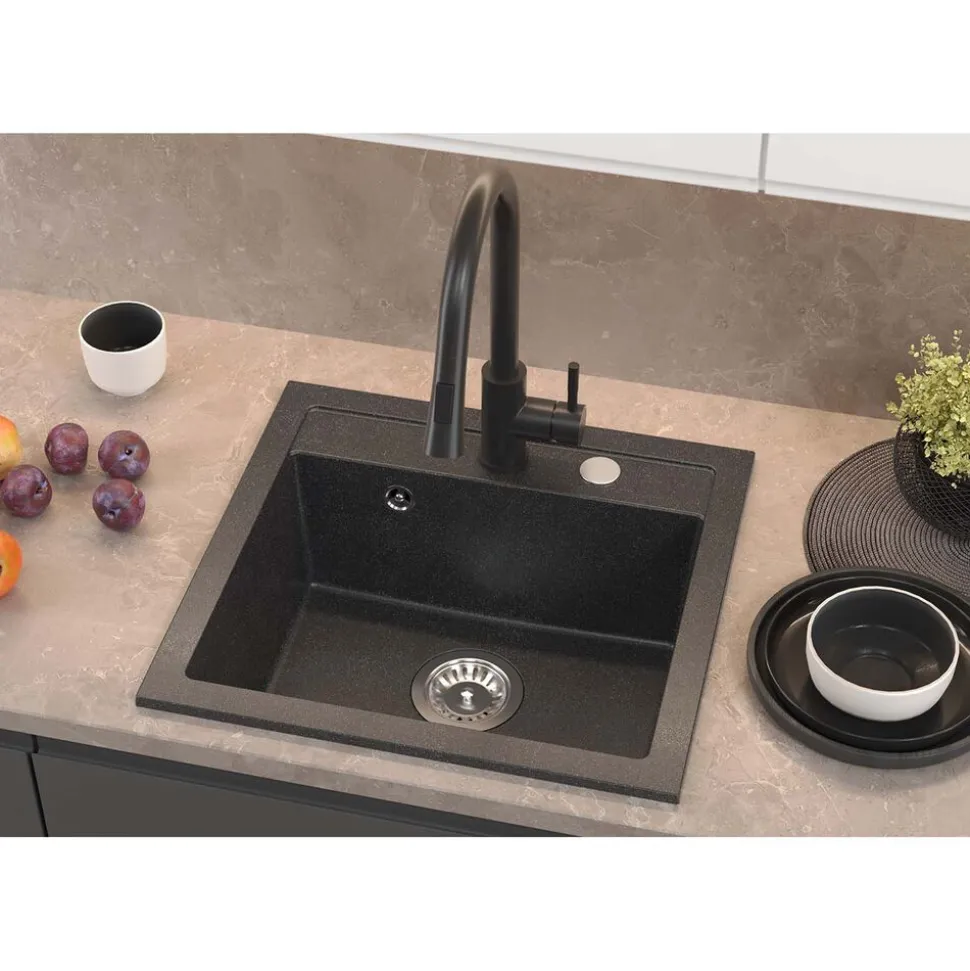Zlewozmywak granitowy jednokomorowy czarny Root Chef Box, 500 x 470 x 185 mm