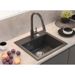 Zlewozmywak granitowy jednokomorowy czarny Root Chef Box, 500 x 470 x 185 mm