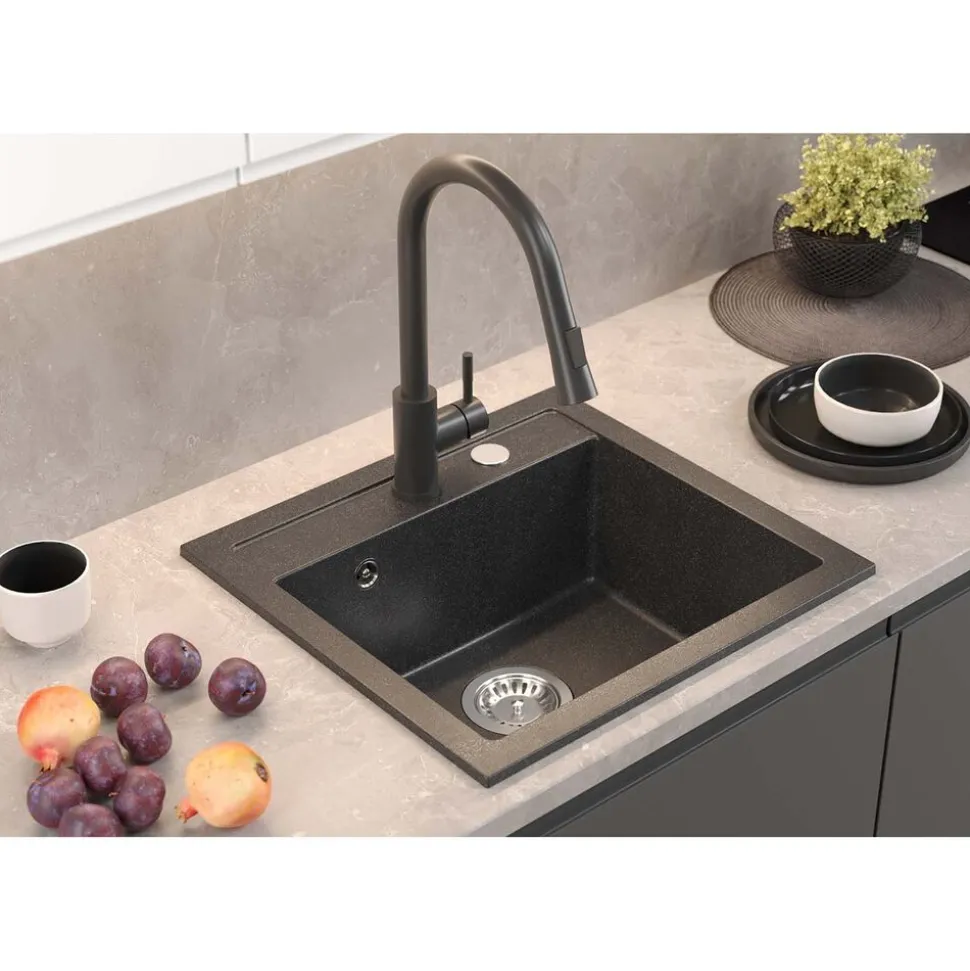 Zlewozmywak granitowy jednokomorowy czarny Root Chef Box, 500 x 470 x 185 mm