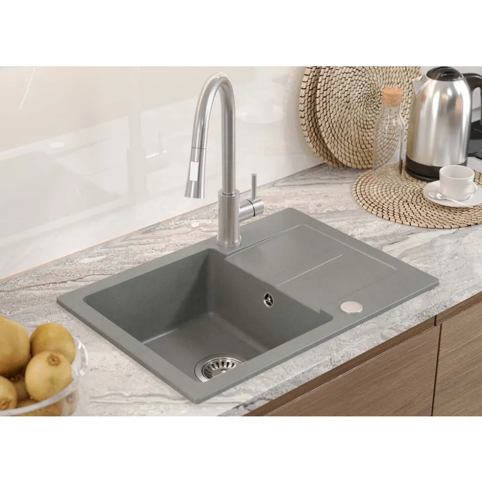 Zlewozmywak granitowy jednokomorowy z ociekaczem szary Root Chef Short, 620 x 440 x 175 mm