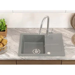 Zlewozmywak granitowy jednokomorowy z ociekaczem szary Root Chef Short, 620 x 440 x 175 mm