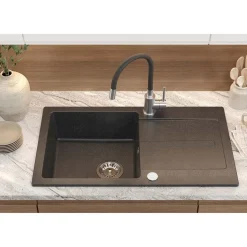 Zlewozmywak granitowy LONG, z baterią GUM, czarny, 770 x 440 x 175 mm