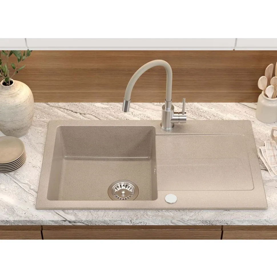 Zlewozmywak granitowy LONG, z baterią GUM, beżowy, 770 x 440 x 175 mm